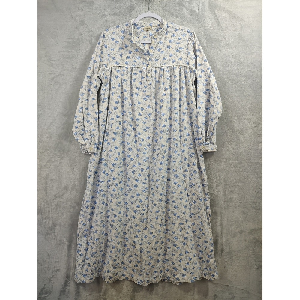 LL Bean Vintage Floral Nightgown Blue Cream Lace Trim Long Sleeve Maxi L.L. Bean